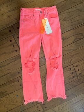 Risen Women's Neon Pink Distressed Ankle Jeans